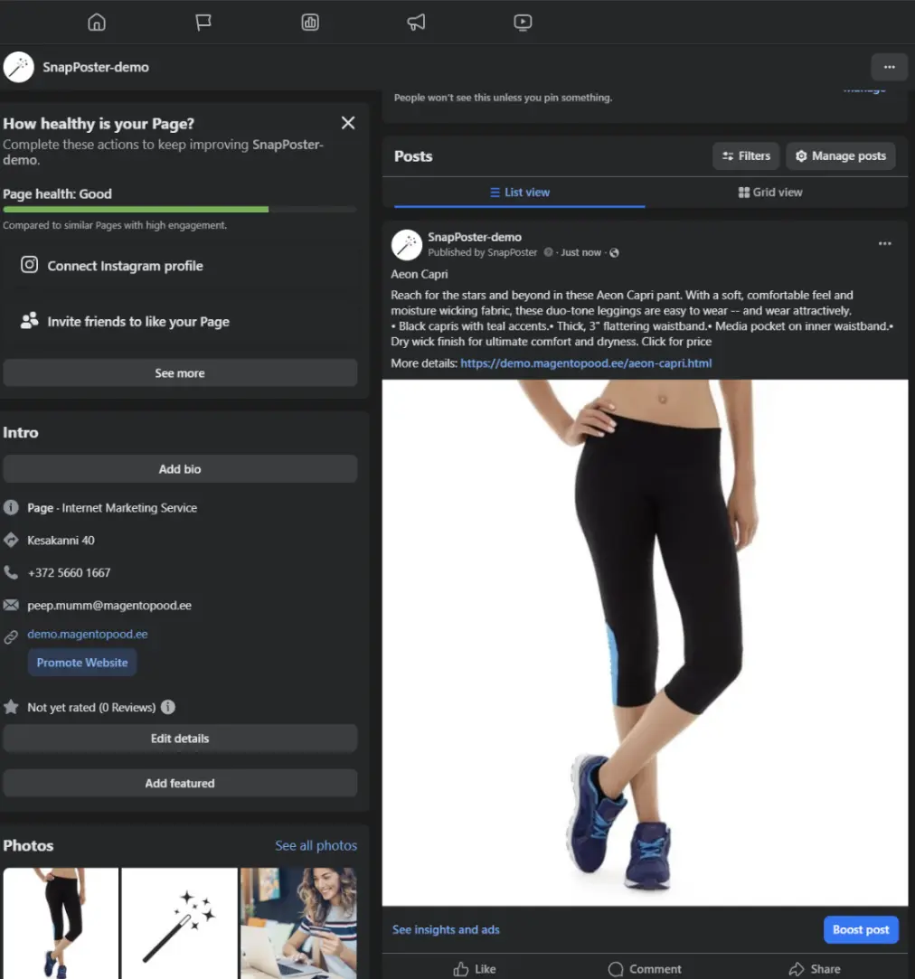 Live Facebook post published from a product feed item