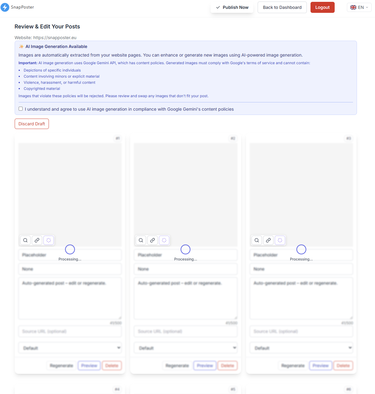 Step 2: the editor screen where drafts appear and may show Processing while loading