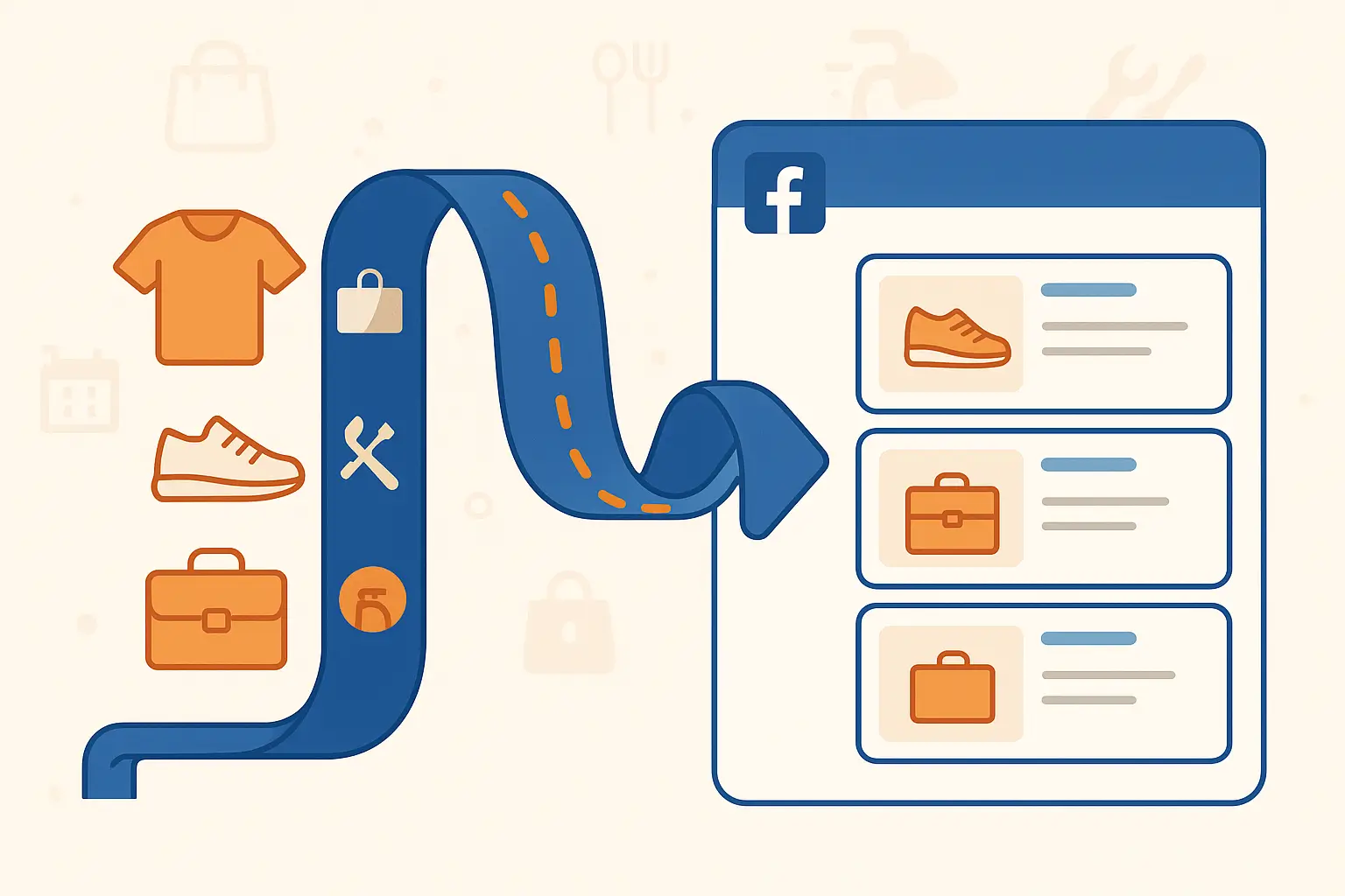 A flat-style digital illustration showing a person at a laptop with Facebook post icons and a screen preview, representing SnapPoster’s automated Facebook marketing for stores and local businesses