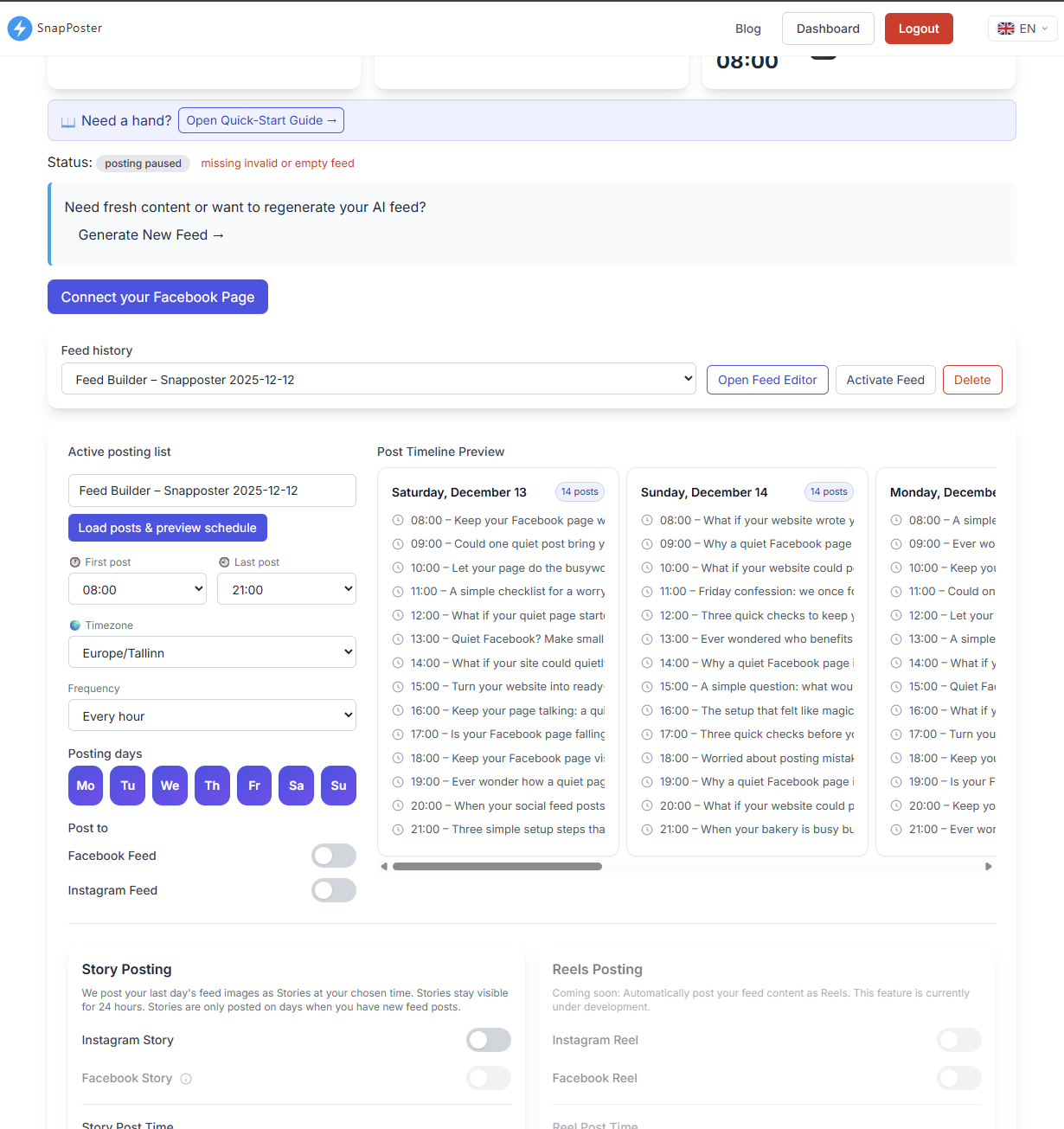 Step 4: dashboard schedule settings for frequency, posting days, destinations, and story posting