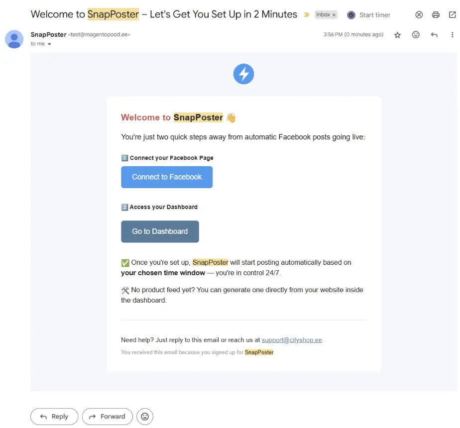 Welcome email with setup buttons